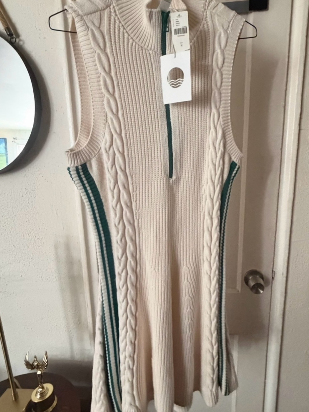 Anthropologie Cream Cable-Knit Sleeveless Dress with Green Stripes